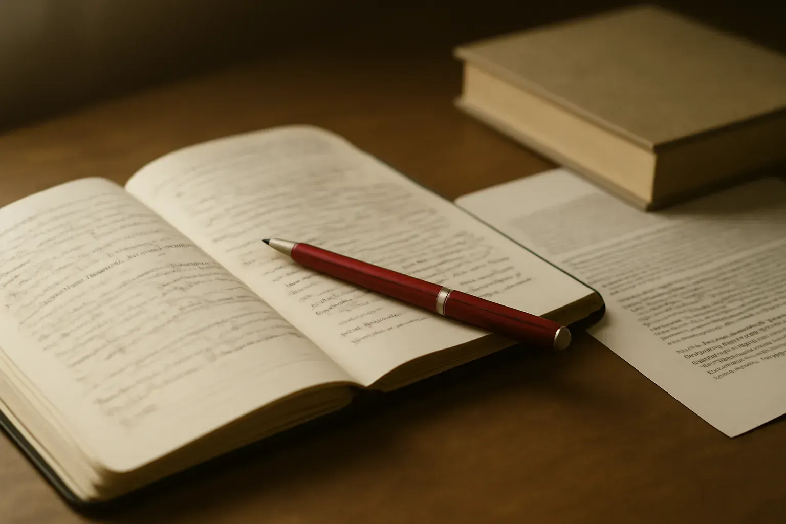 A workspace with an open notebook and reference materials.