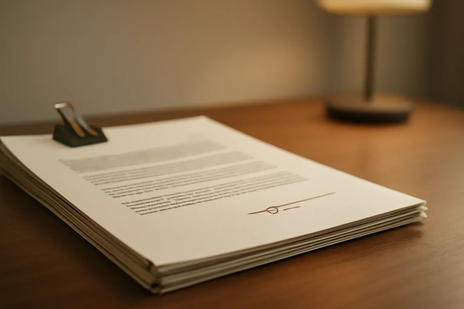 A contract and document set on a desk, warm light.