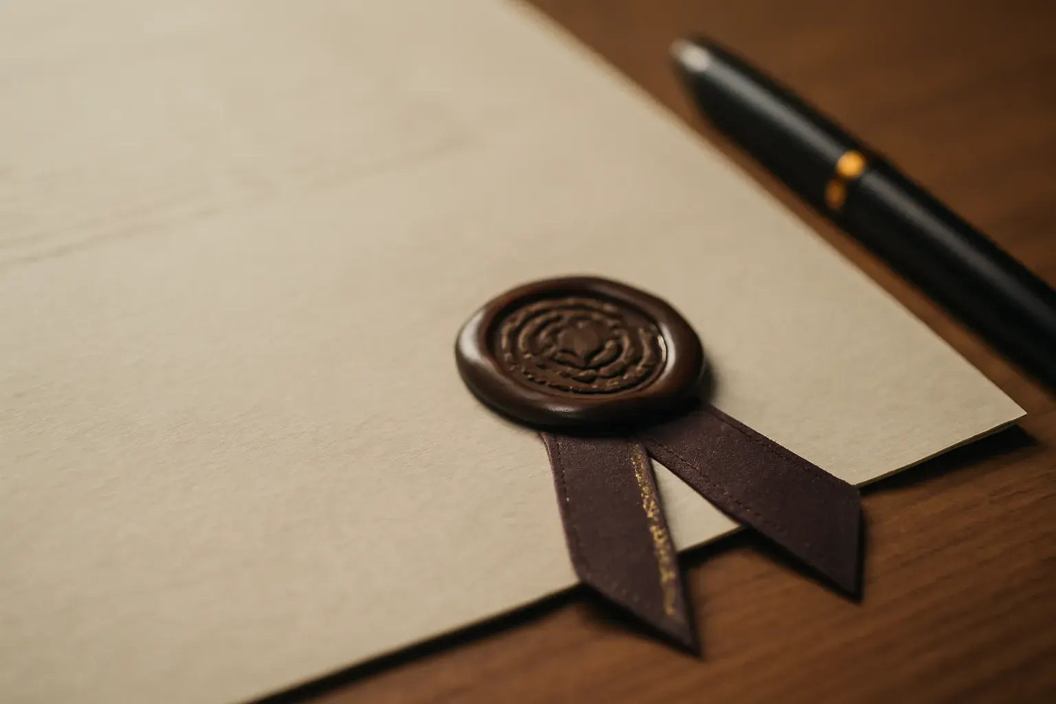 A signed and stamped official document detail, warm natural light.