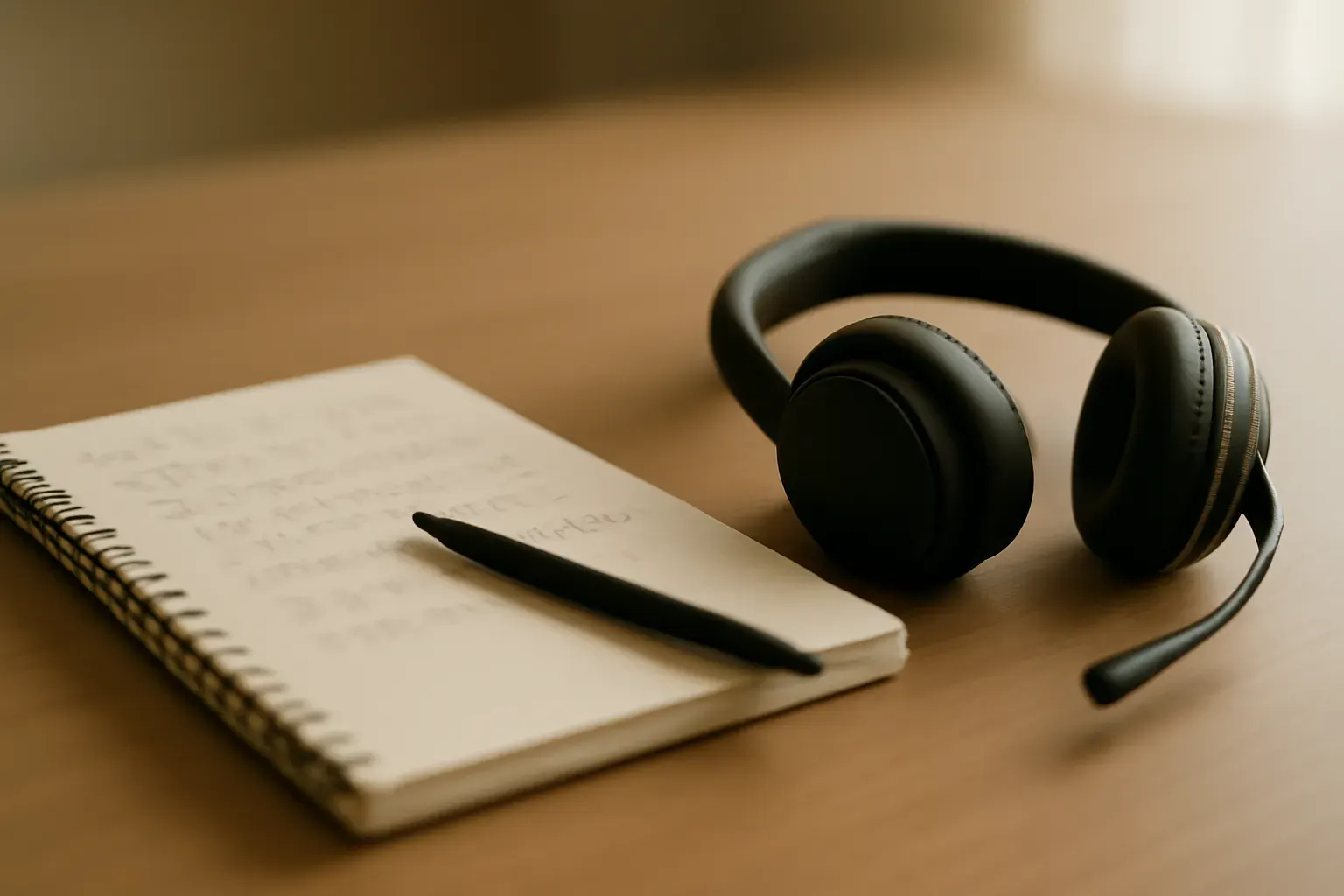 A notepad and headset on a meeting table.