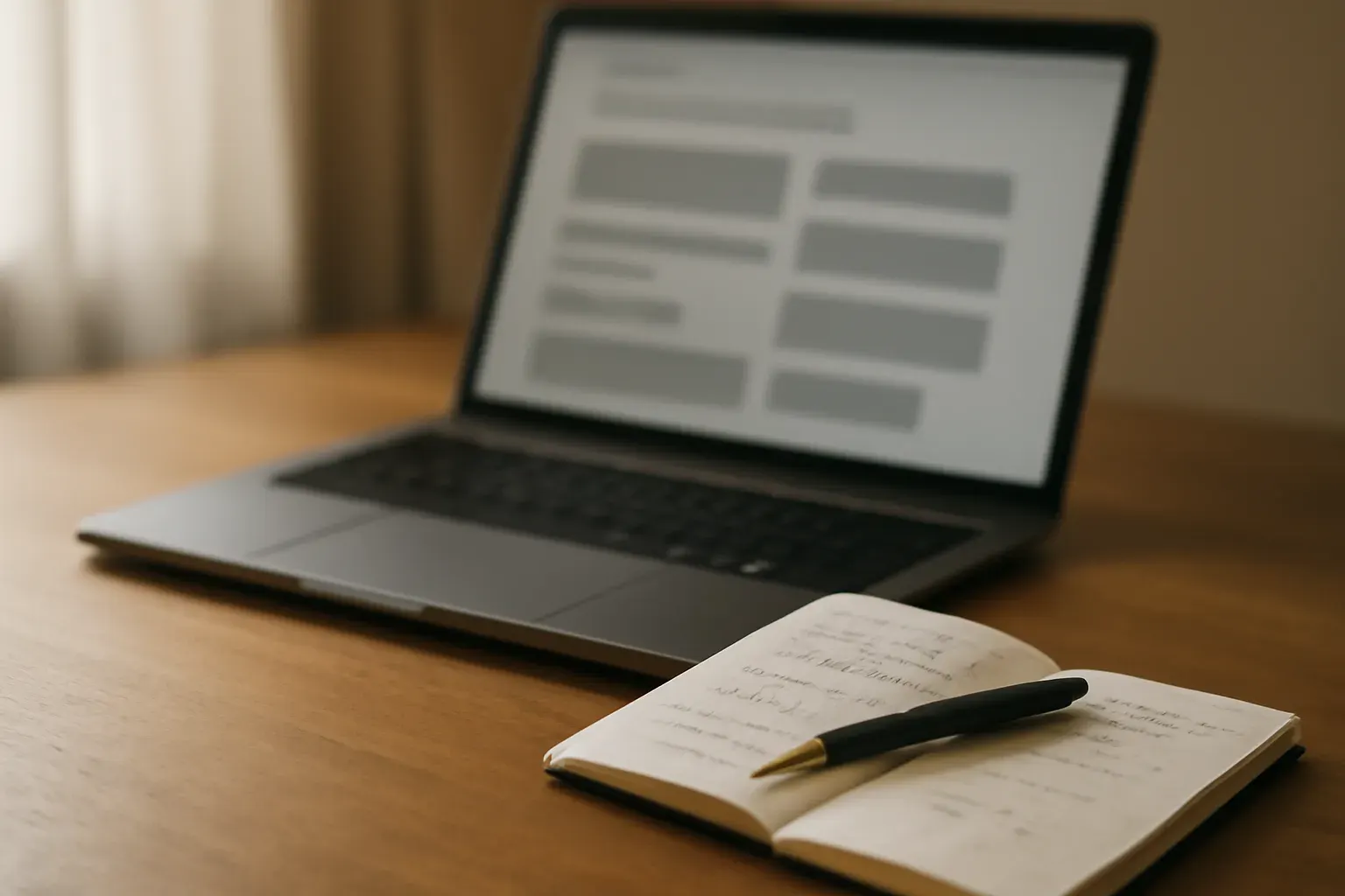 A laptop screen showing interface text in soft focus, on a desk.