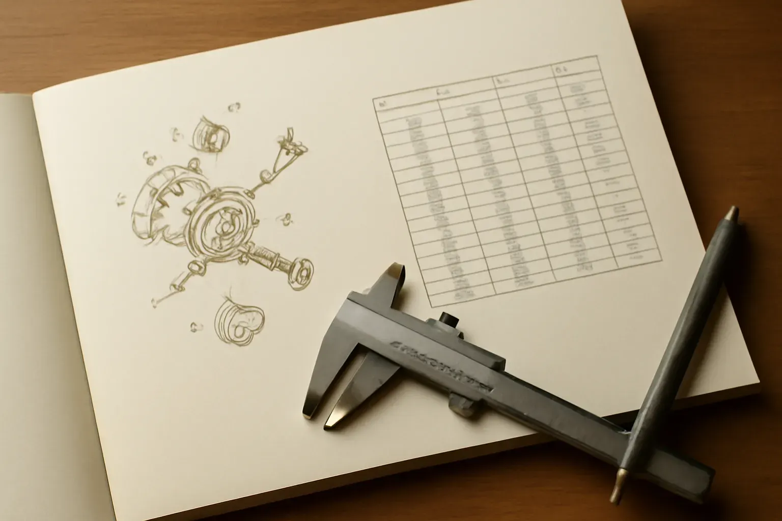A technical manual open on a desk beside measuring tools.